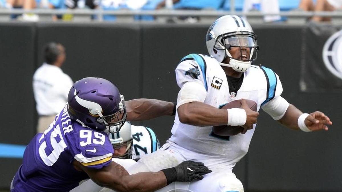 Carolina Panthers quarterback Cam Newton (1) was sacked eight times when Minnesota beat Carolina, 22-10, in 2016. The loss snapped a 14-game home winning streak for Carolina, which hosts the Vikings again on Sunday.