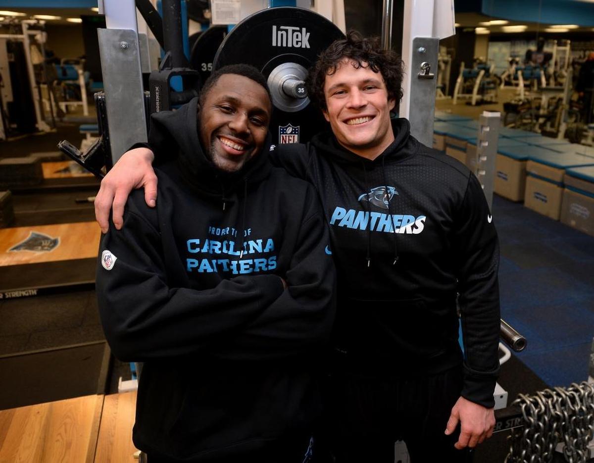 Carolina Panthers linebackers Thomas Davis (left) teamed with Luke Kuechly to make up one of the NFL’s best linebacking tandems for years. Davis played 13 years for Carolina.