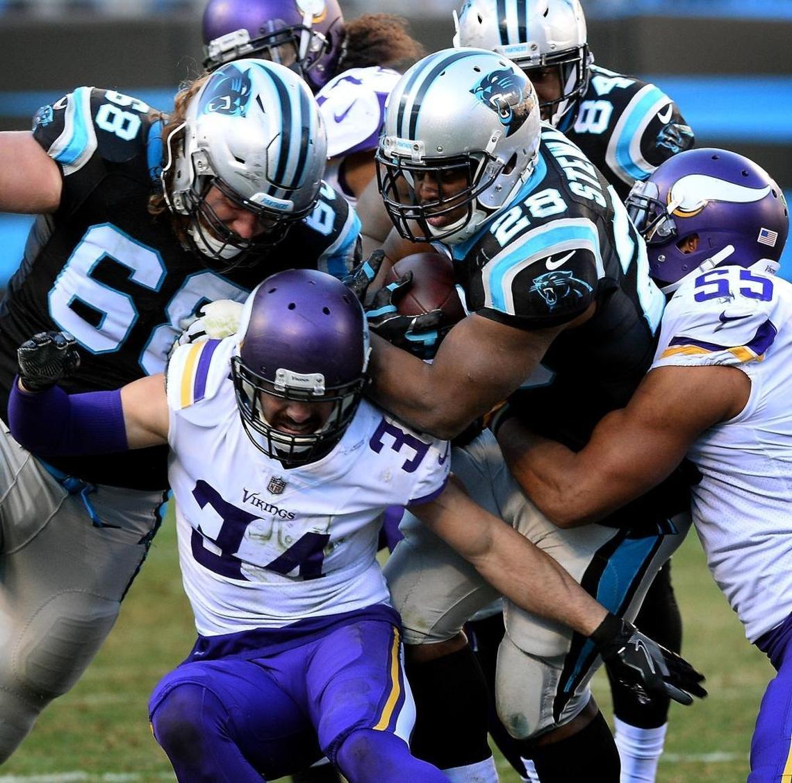 Carolina running back Jonathan Stewart (with ball) scored three touchdowns in the Panthers’ 31-24 win over Minnesota in December.