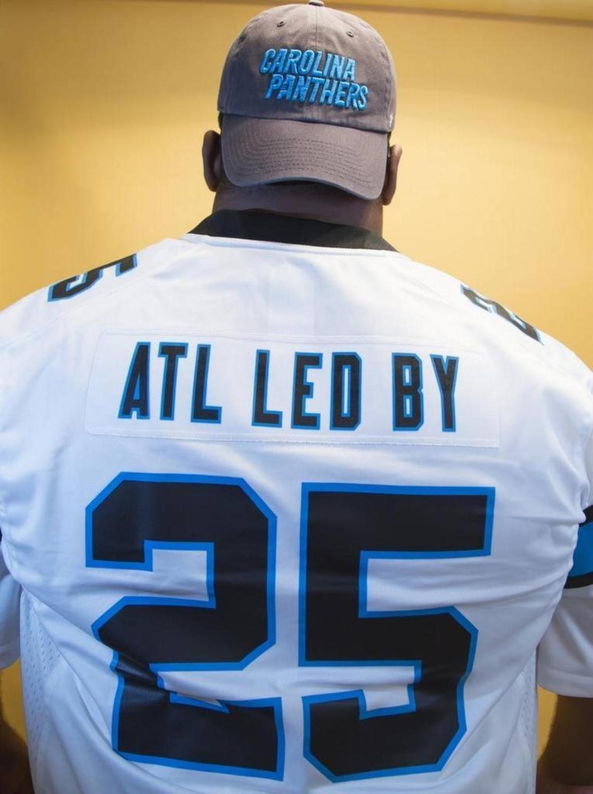 Panthers fan Daniel Solomon designed this jersey to poke fun at the Panthers’ rival, the Atlanta Falcons, for blowing a 25-point lead in the most recent Super Bowl.