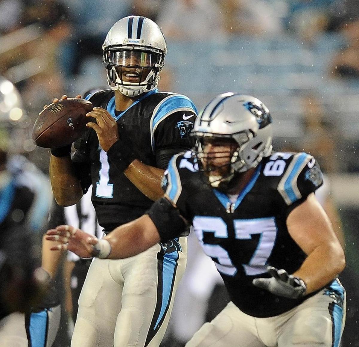 Carolina Panthers quarterback Cam Newton (1) has been protected by center Ryan Kalil (67) for almost every game of his career. Newton calls Kalil a “calming presence” on the field.