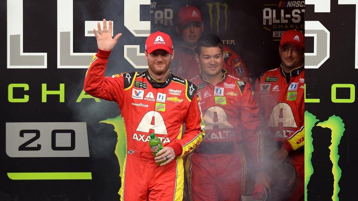 NASCAR driver Dale Earnhardt Jr. waves to fans before the NASCAR Monster Energy All-Star Race on Saturday, May 20, 2017 at Charlotte Motor Speedway.