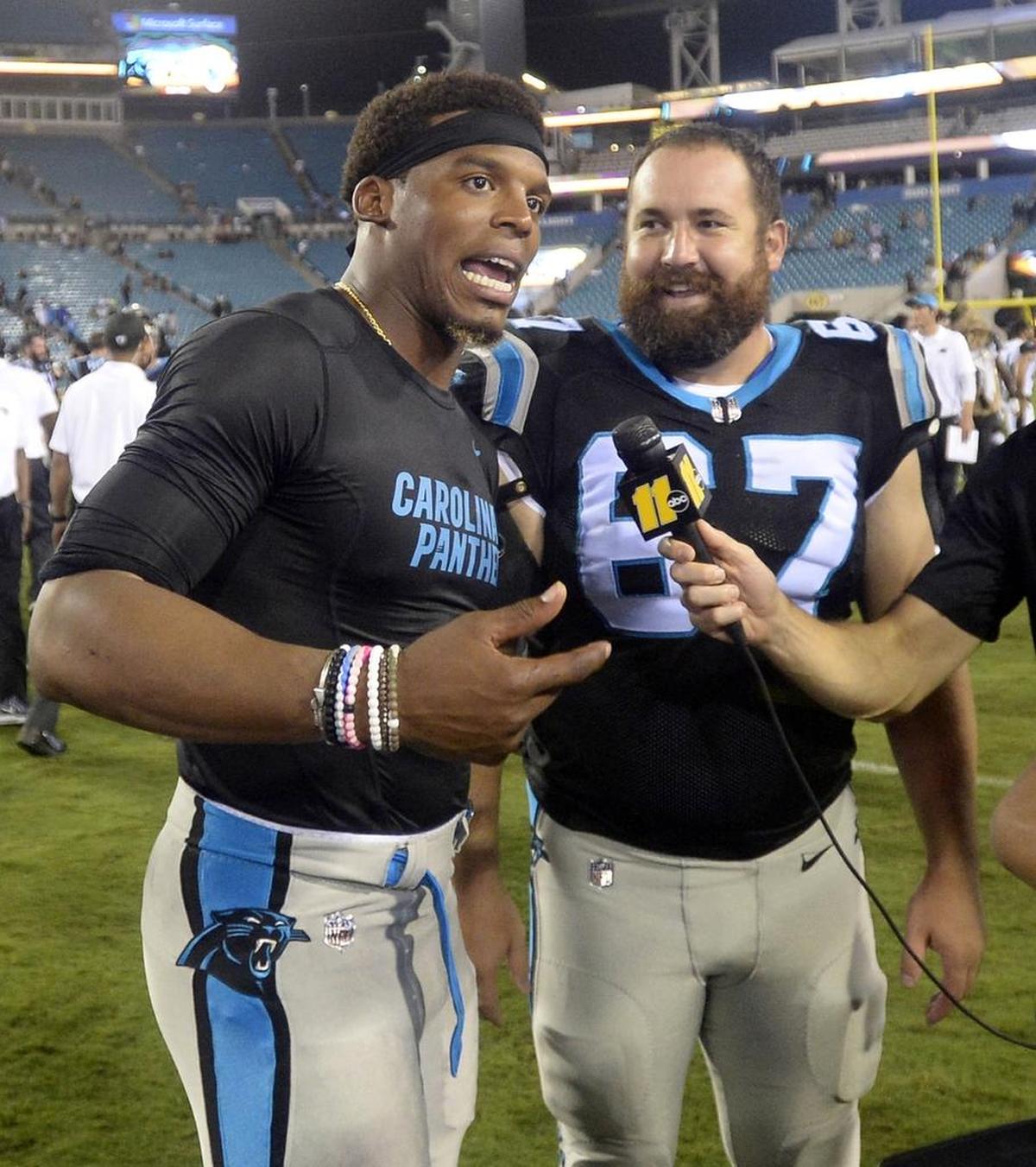 Carolina Panthers quarterback Cam Newton (left) has promised a substantial donation to the charity of center Ryan Kalil’s choice to be allowed back into the team’s 2017 P-I-G tournament. Kalil agreed, but now jokes that he made a mistake in doing so.