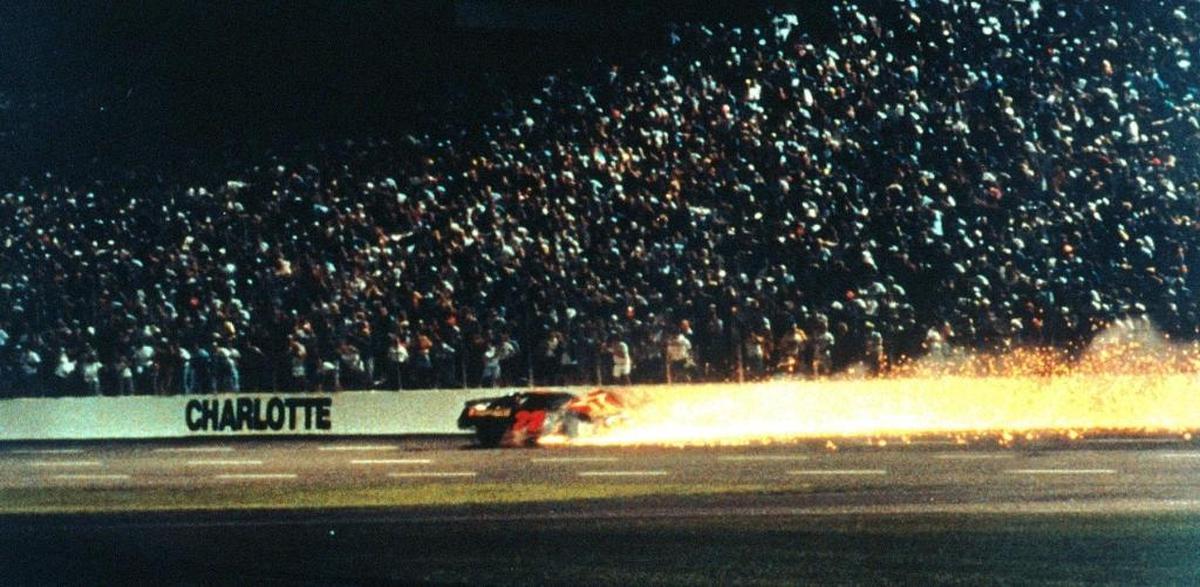 Davey Allison spins after contact with Kyle Petty after crossing the finish line for the win in The Winston in 1992 at Charlotte Motor Speedway.