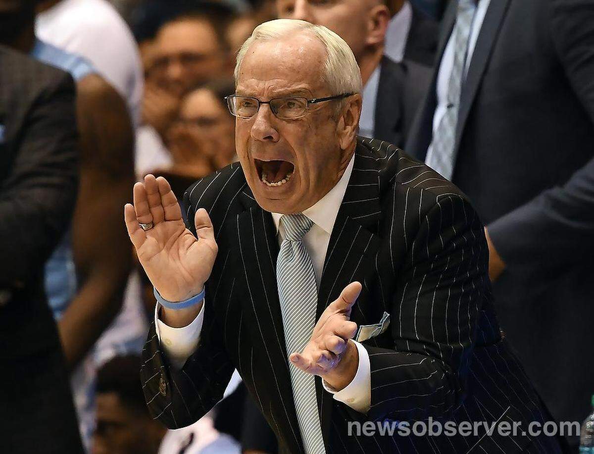 UNC head coach Roy Williams yells at his players in the second half to continue pressuring Duke. The No. 8 Tar Heels upset No. 1 Duke, 88-72, at Cameron Indoor Stadium In Durham.