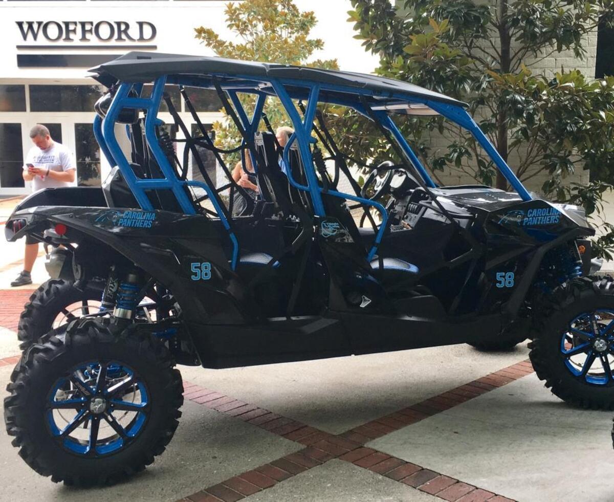 Linebacker Thomas Davis has a customized golf cart in Spartanburg for driving around Wofford College between practices. In case anyone wonders whose golf cart it is, Davis’s jersey number 58 is emblazoned in several places.