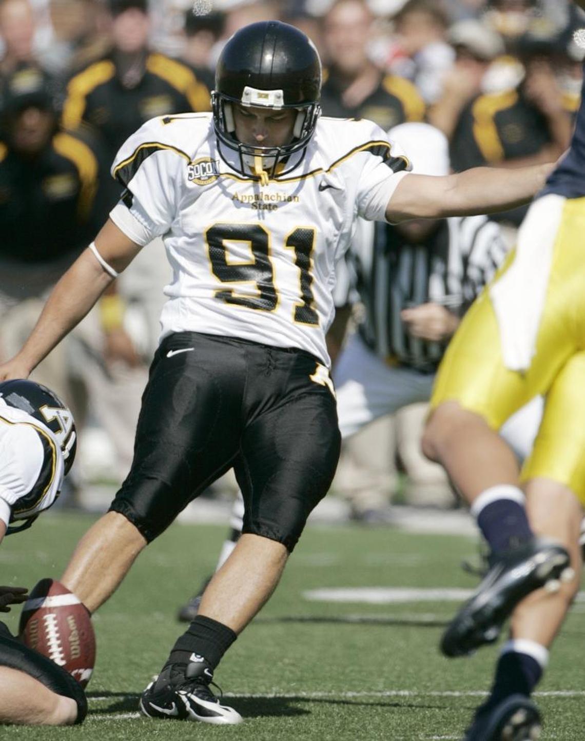 Appalachian State kicker Julian Rauch kicks a 24-yard field goal -- which he says was nearly blocked -- with 26 seconds left for the final points in Appalachian State’s 34-32 victory on Sept. 1, 2007.