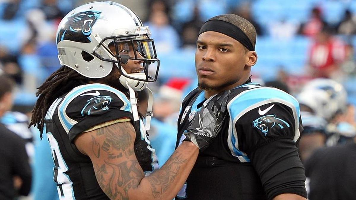 Carolina Panthers wide receiver Kelvin Benjamin (13) talks with quarterback Cam Newton (1) late in the game against the Atlanta Falcons on Saturday. The Falcons won 33-16.
