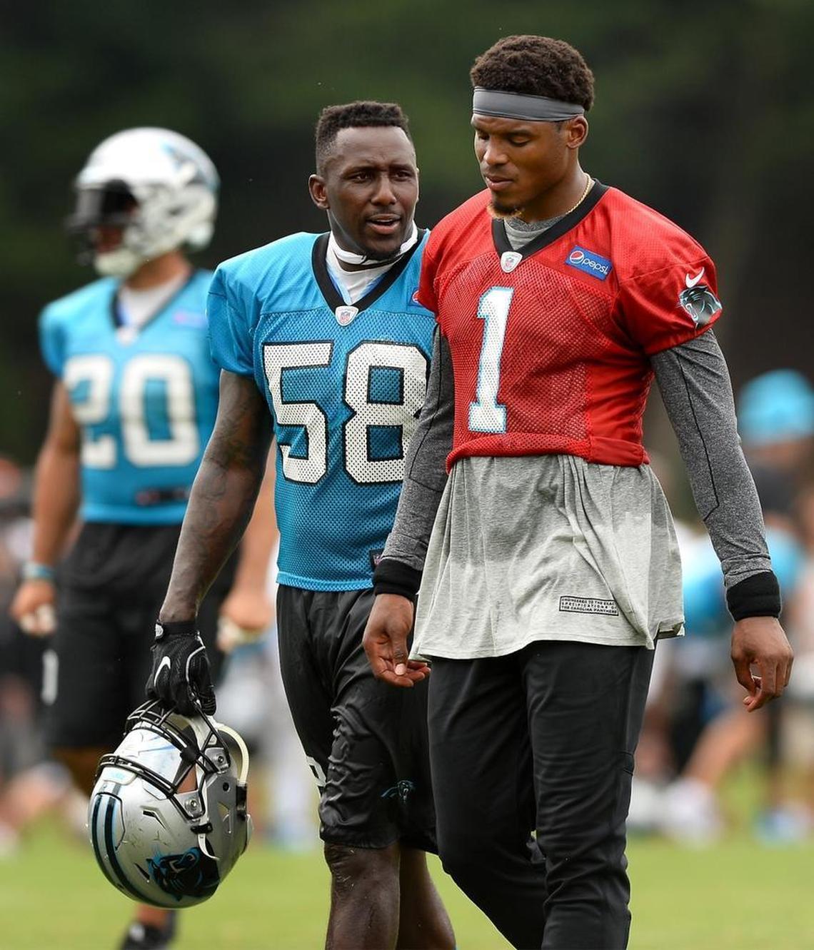 Carolina Panthers linebacker Thomas Davis (58) and quarterback Cam Newton have been the healthiest of the team’s six captains so far this season, but they aren’t playing at 100 percent, either.