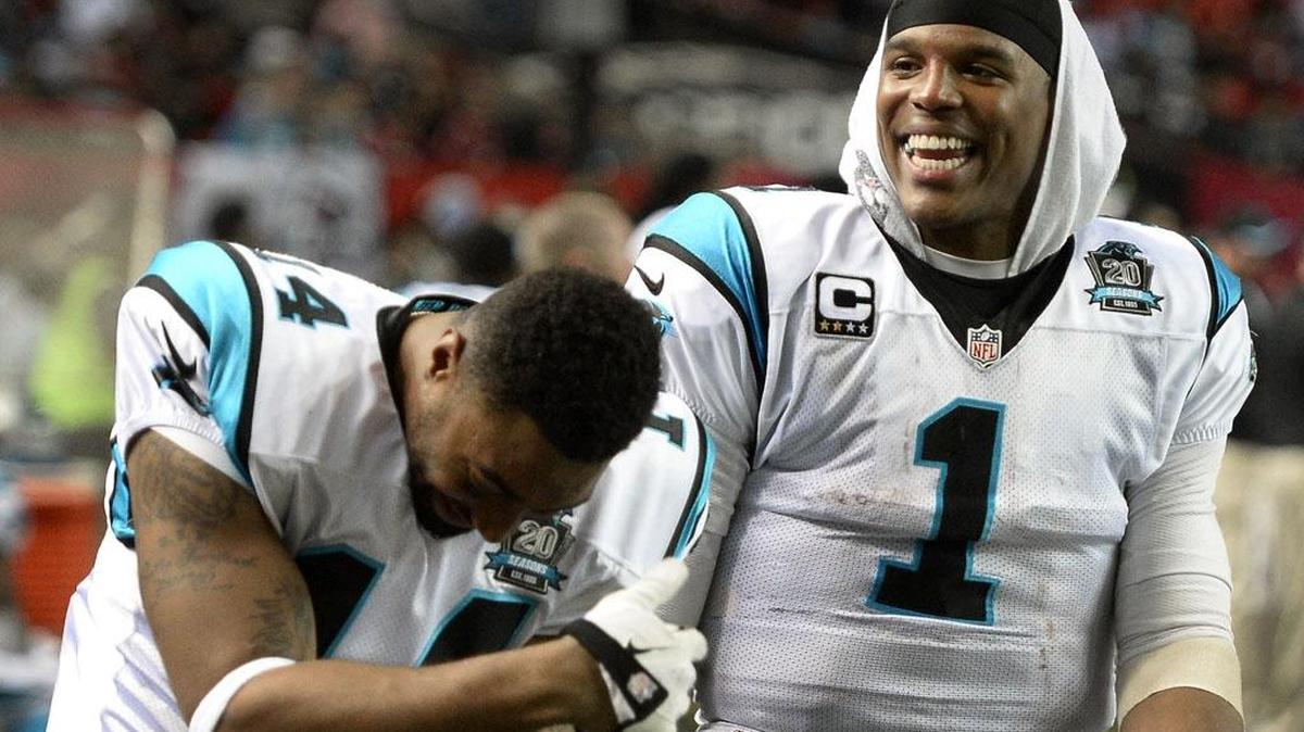 
Carolina Panthers third-string quarterback Joe Webb, left, says former Packers and Vikings quarterback Brett Favre and Panthers quarterback Cam Newton, right, are "very similar. Brett is a jokester, a prankster, and Cam's the same way. Big personalities. They just love to have fun and enjoy life."


