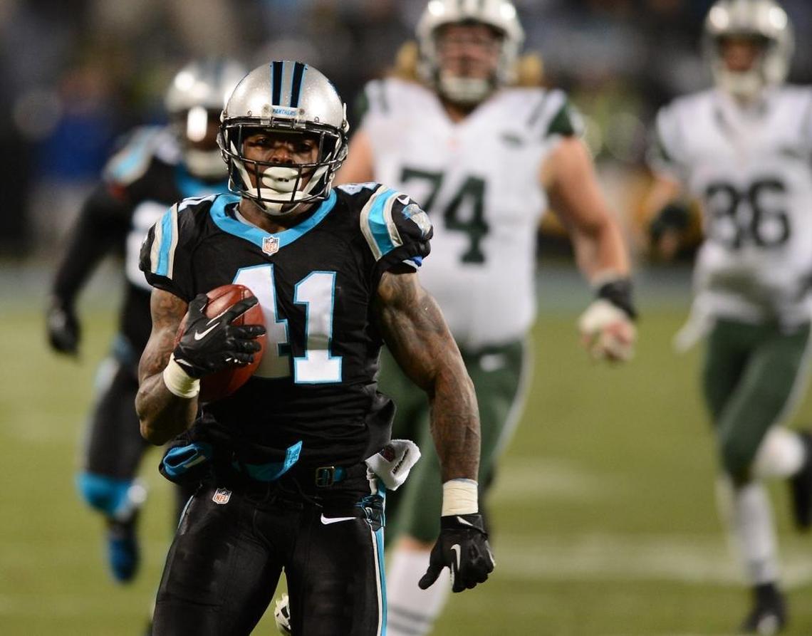 Carolina Panthers (41) cornerback Captain Munnerlyn (41) has scored a team-record five times on ‘pick-six’ interceptions for Carolina, including this one in 2013 against the New York Jets.