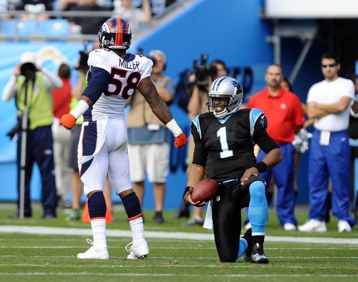 One problem with calling yourself Superman: you get made fun of sometimes when you fail. Denver’s Von Miller (58) mimicked Cam Newton’s touchdown celebration in 2012 after he sacked Newton.