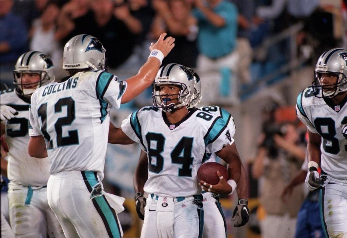 In 1997, Rae Carruth (84) was a promising NFL rookie and Carolina’s first-round draft choice. He scored the only four NFL touchdowns of his career that season, including this 24-yard TD pass he caught from quarterback Kerry Collins (12).