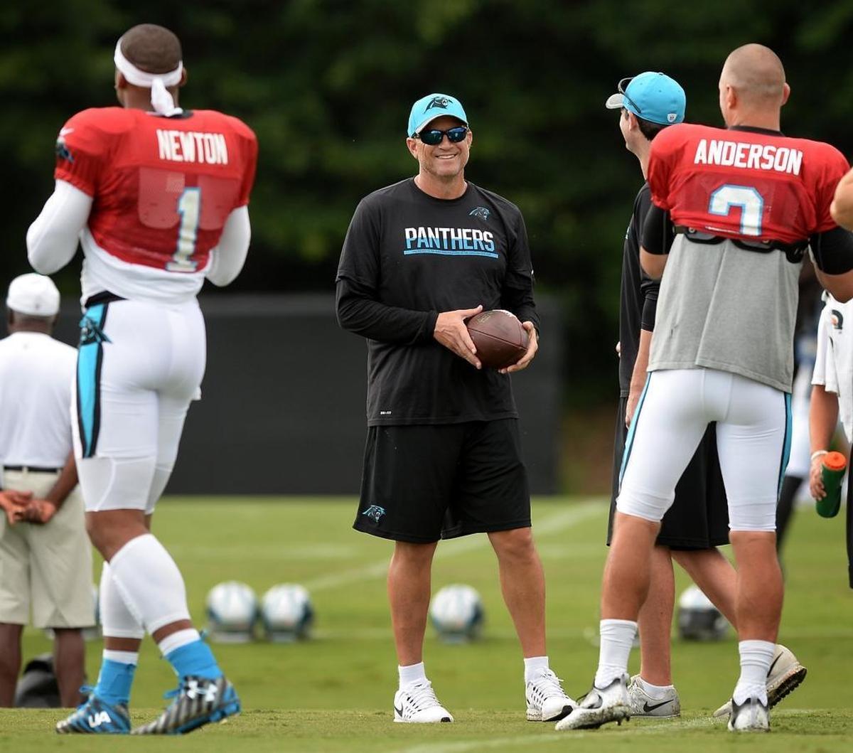 The Panthers’ new offensive coordinator must make a big impression on Newton (left), who had a career high in rushing yardage this year but only threw for 260 or more yards three times in 17 games.