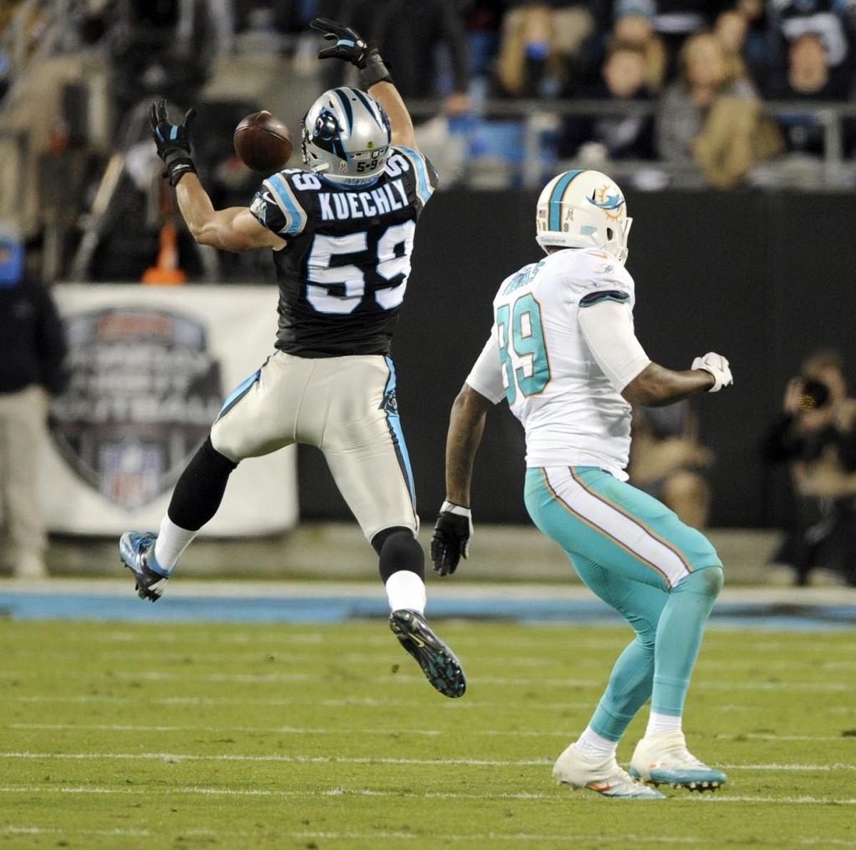 On Luke Kuechly’s interception, he first ran stride-for-stride on a deep corner route with Miami tight end Julius Thomas and then tipped the ball to himself. Kuechly’s 15 interceptions since he entered the NFL in 2012 are easily the most by a linebacker in that time.