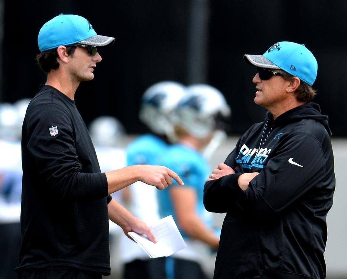 Carolina Panthers quarterbacks coach Ken Dorsey, left, and offensive coordinator Mike Shula were both fired by head coach Ron Rivera Tuesday.
