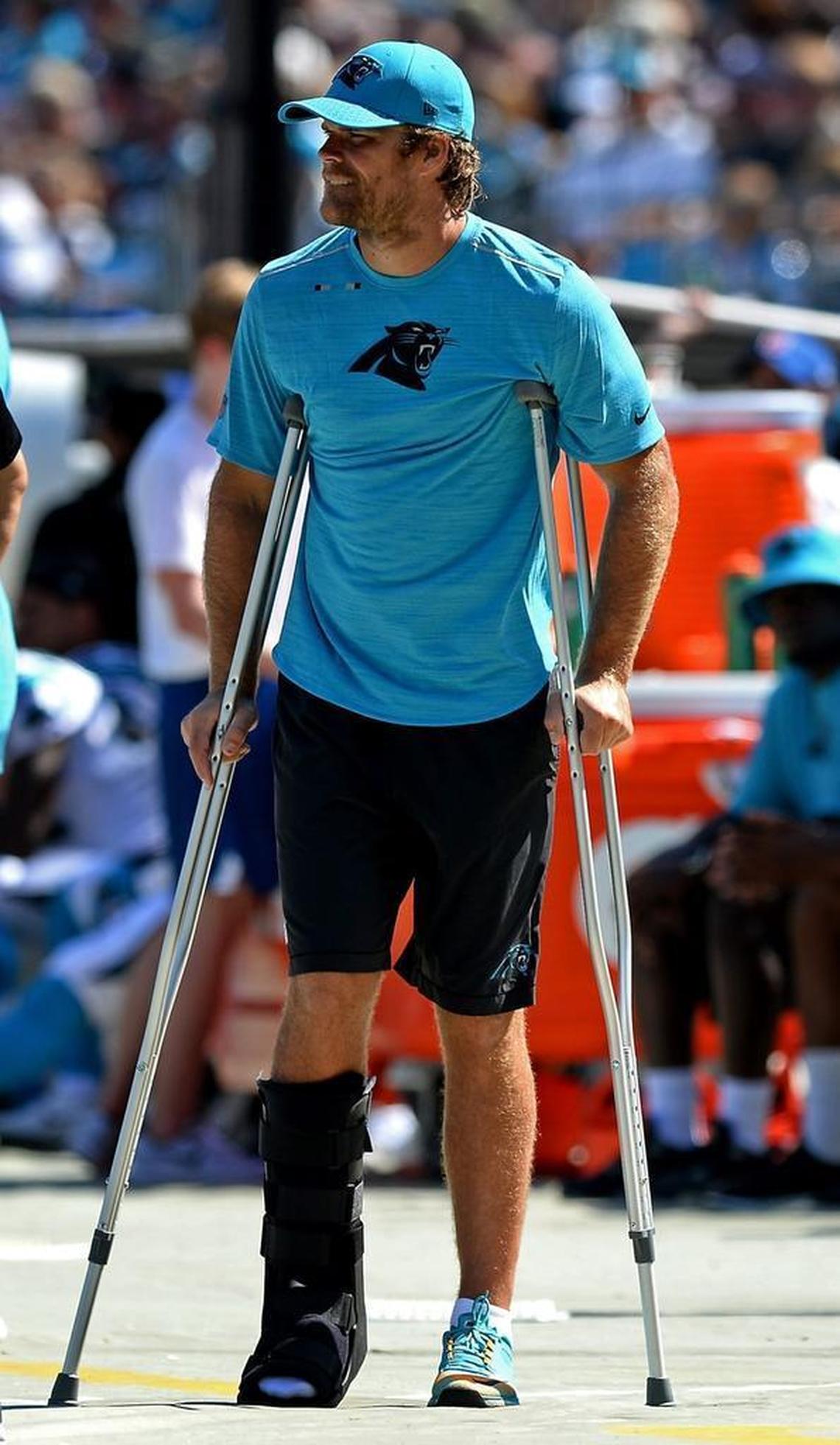 Panthers tight end Greg Olsen uses crutches on Sept. 17 to watch the rest of Carolina’s win over Buffalo after breaking a bone in his right foot earlier in the game. Olsen is eligible to return to play this season, but not until just after Thanksgiving at the earliest.