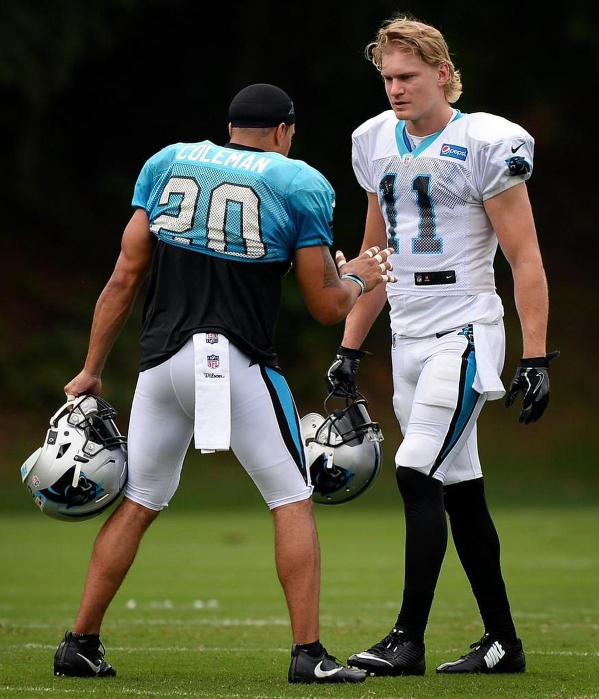 Panthers wide receiver Brenton Bersin (11) talks to safety Kurt Coleman during practice. Bersin has been “quietly having a very good camp,” according to head coach Ron Rivera.