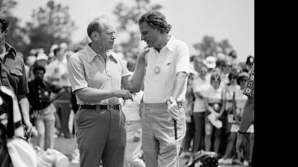 
Vice President Gerald Ford, left, and evangelist Billy Graham talk before the start of their round of golf, May 29, 1974, in the Pro-Am at the Kemper Open in Charlotte.
