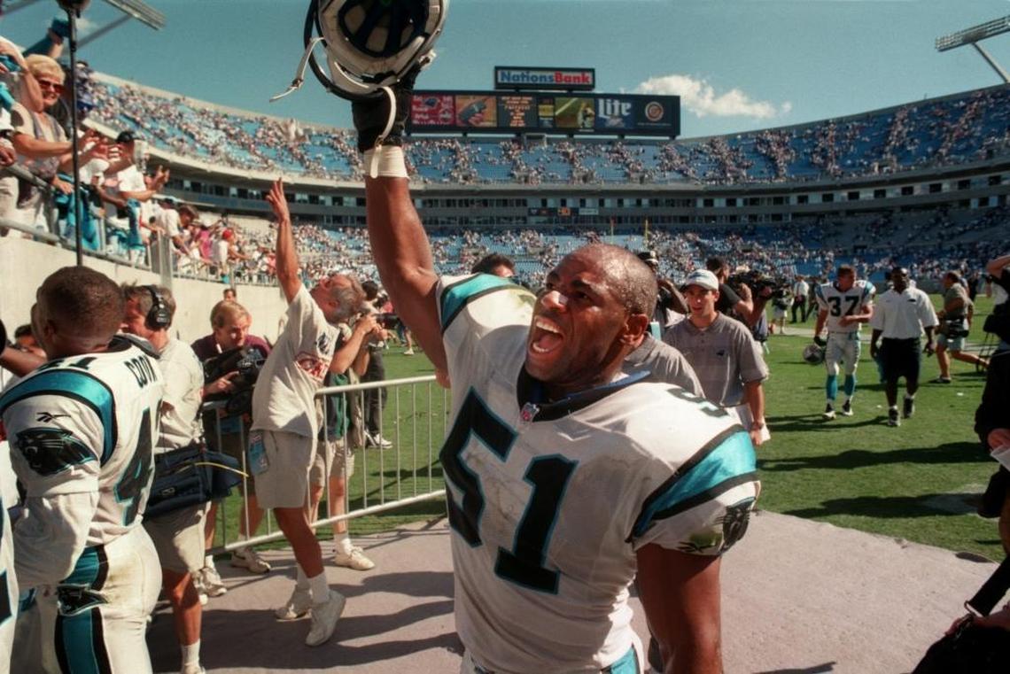 Panthers linebacker Sam Mills celebrates with a home crowd in Charlotte in 1996 after an upset win over San Francisco.