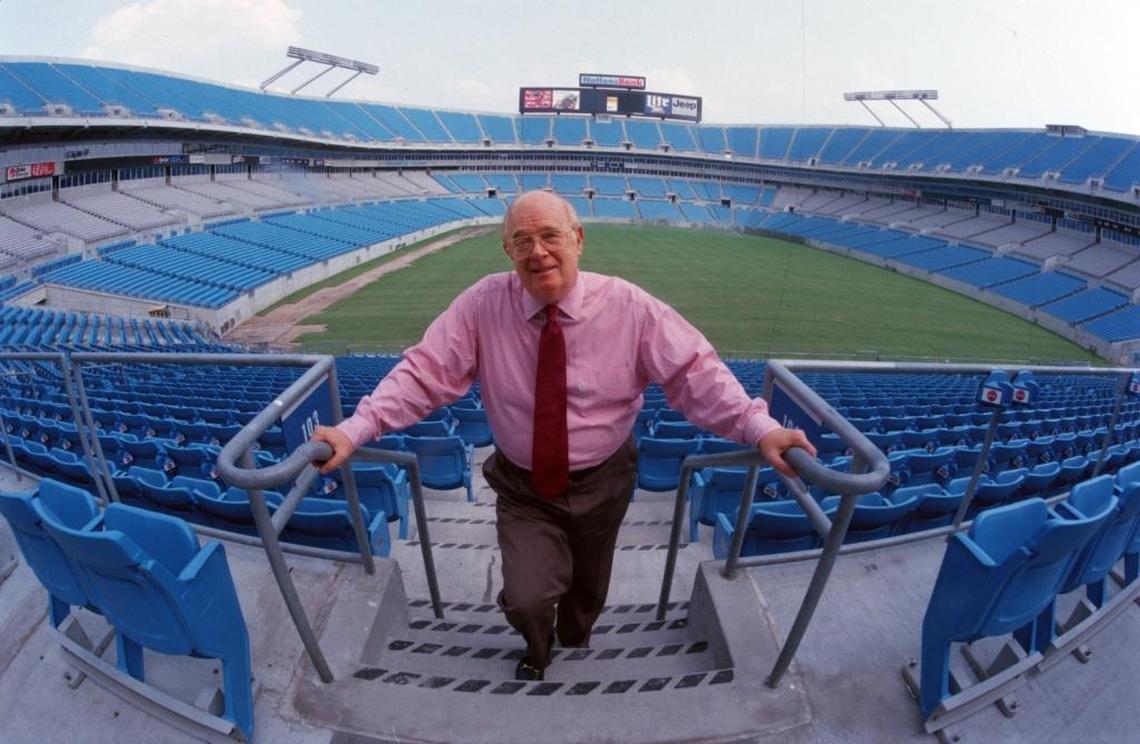 Max Muhleman, father of permanent seat licenses, in a 1998 file photo at Bank of America Stadium. Muhleman’s PSL concept helped Panthers owner Jerry Richardson secure the funding to build the stadium, which opened in 1996.