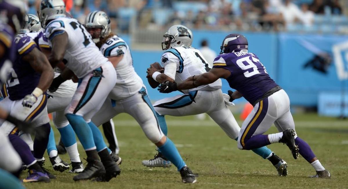 Minnesota defensive end Everson Griffen (97) closed in on Cam Newton in 2016 for one of the Vikings’ eight sacks in the 22-10 win. Griffen has 12 sacks so far in 2017, ranking him fourth in the NFL.