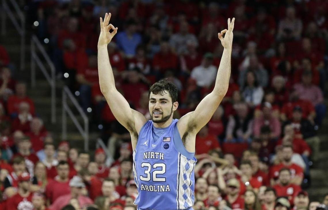 North Carolina's Luke Maye (32) reacts following a three-point basket against N.C. State in February. Maye scored 33 points and had 17 rebounds in the game, motivated in part by a perceived slight.