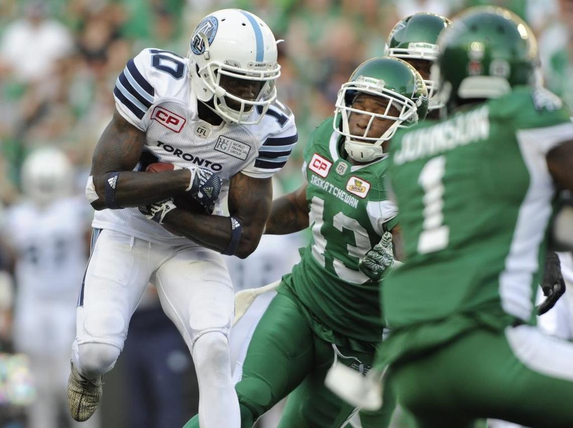 Toronto’s Armanti Edwards runs for extra yardage against Saskatchewan on July 29th. Edwards’ contract with Toronto -- a Canadian Football League team -- expires after this season.