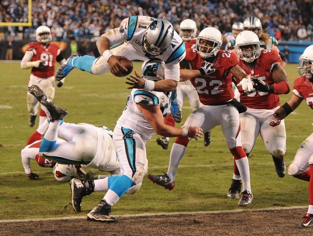Cam Newton’s best game of his six previous playoff appearances was a four-TD performance (two rushing, two passing) against Arizona on Jan. 24, 2016 -- which included this leap into the end zone in a 49-15 win.