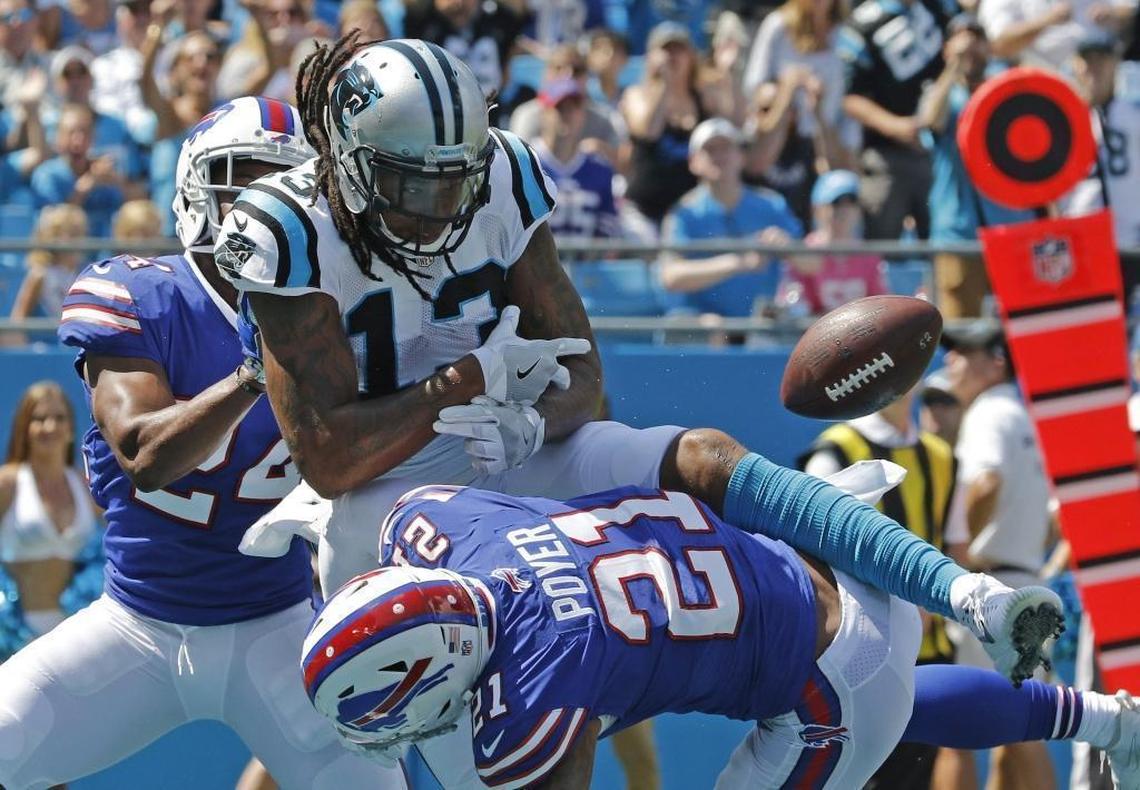 Kelvin Benjamin (13) was about to score but had the ball jarred loose on a big hit from Buffalo’s Jordan Poyer (21) Sunday against Buffalo. The Panthers won by a 9-3 score – their lowest-scoring performance in a win in 20 years.