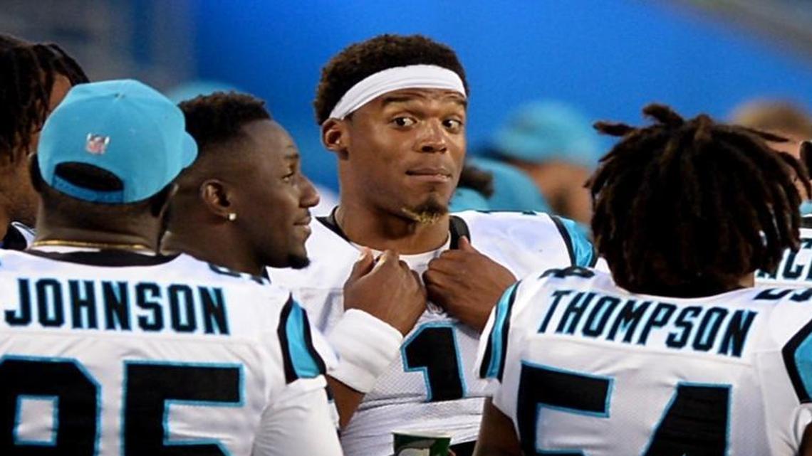 Carolina Panthers quarterback Cam Newton, center, spoke to the media on a wide variety of topic on Tuesday, including Christian McCaffrey, Colin Kaepernick and his suddenly famous little brother.