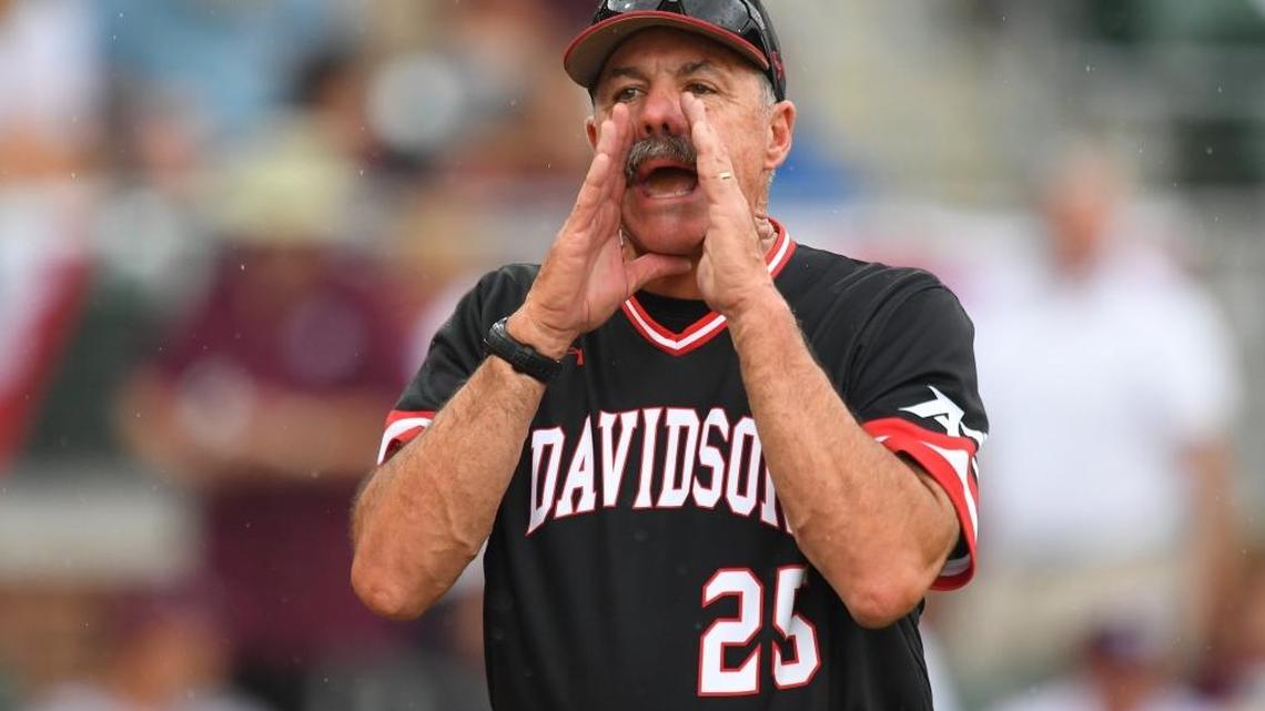 Davidson head coach Dick Cooke shouts instructions to his team during the NCAA tournament in 2017 -- Davidson’s first-ever appearance in any postseason baseball tourney.