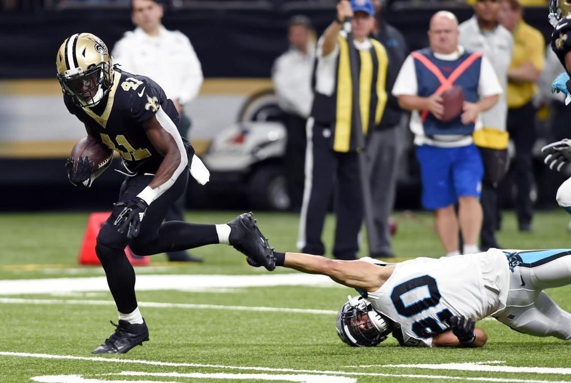 The Panthers have had all sorts of trouble trying to catch up to the New Orleans Saints and running back Alvin Kamara (41) this season, losing twice to New Orleans already. They will play New Orleans a third time Sunday at 4:40 p.m. in the NFC playoffs.