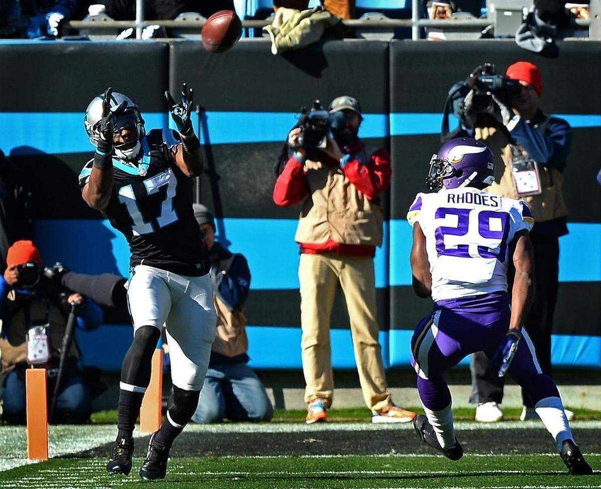 Carolina Panthers wide receiver Devin Funchess (17) catches a pass from quarterback Cam Newton near the goal line during second-quarter action as Minnesota Vikings cornerback Xavier Rhodes defends. Funchess would later catch an 18-yard TD pass as well in Carolina’s 31-24 win.