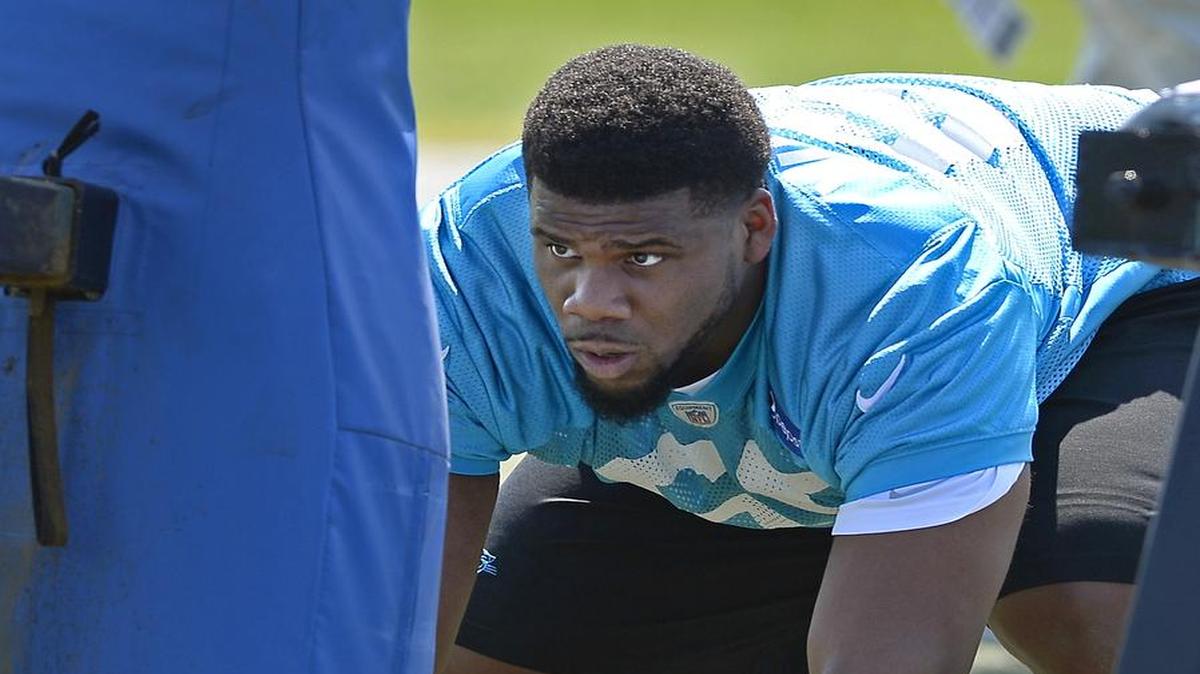 
Carolina Panthers Daryl Williams prepares to hit the sled during the team's rookie minicamp on Friday, May 8, 2015. 
