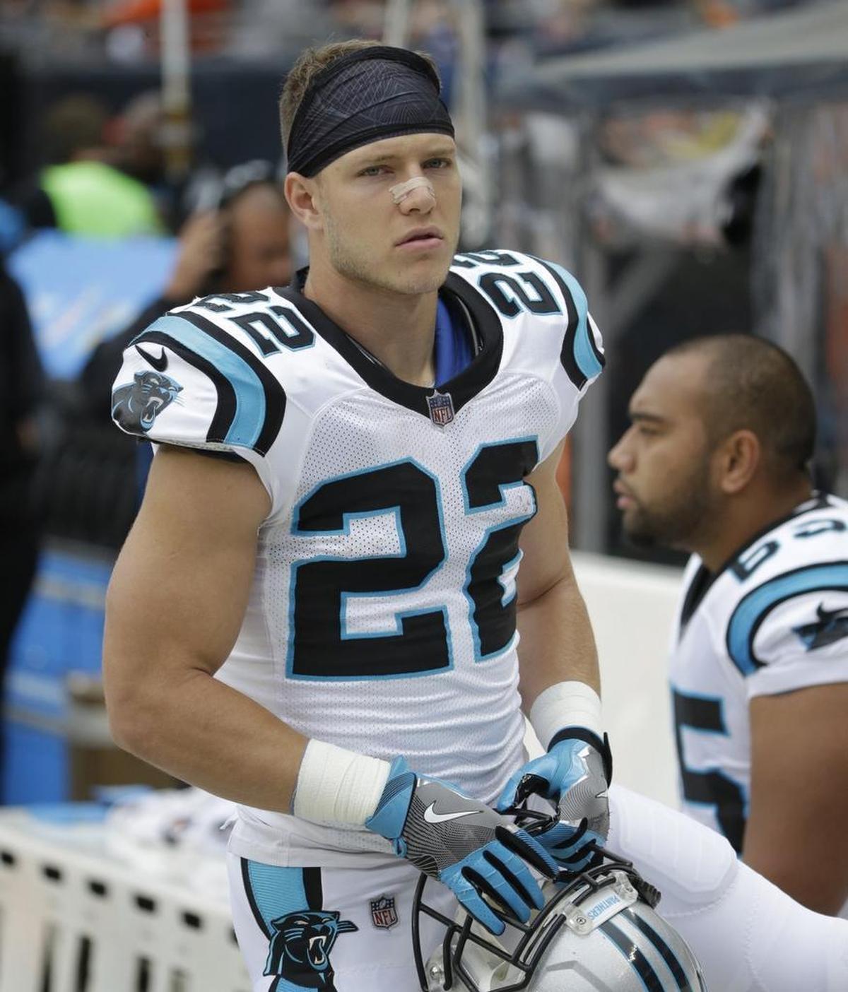 Carolina Panthers running back Christian McCaffrey has averaged 2.5 yards per carry and 7.5 yards per reception this season and has scored twice.