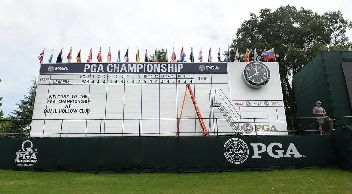 The leaderboard at the 18th green welcomes fans to the PGA Championship at Quail Hollow Club. Four holes have been redone on the golf course since it hosted its last big tournament -- the Wells Fargo Championship in 2016.