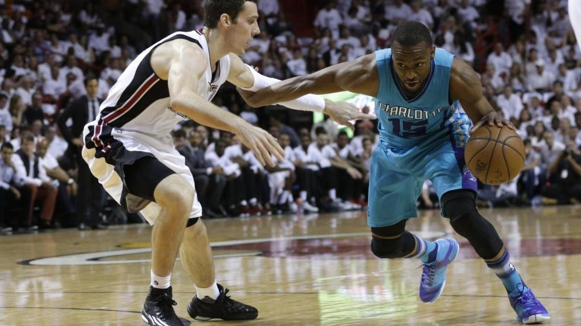 Charlotte Hornets guard Kemba Walker (15), driving to the basket against Miami Heat guard Goran Dragic during Game 1, has to be the best player on the floor for Charlotte to have a chance in the series.