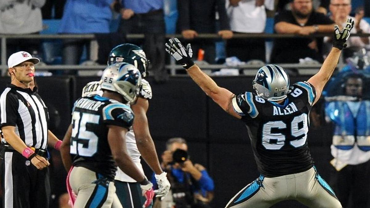 Carolina Panthers defensive end Jared Allen, right, celebrates his sack of Philadelphia Eagles quarterback Sam Bradford at Bank of America Stadium on Oct. 25. It was Allen’s first sack as a Panther.