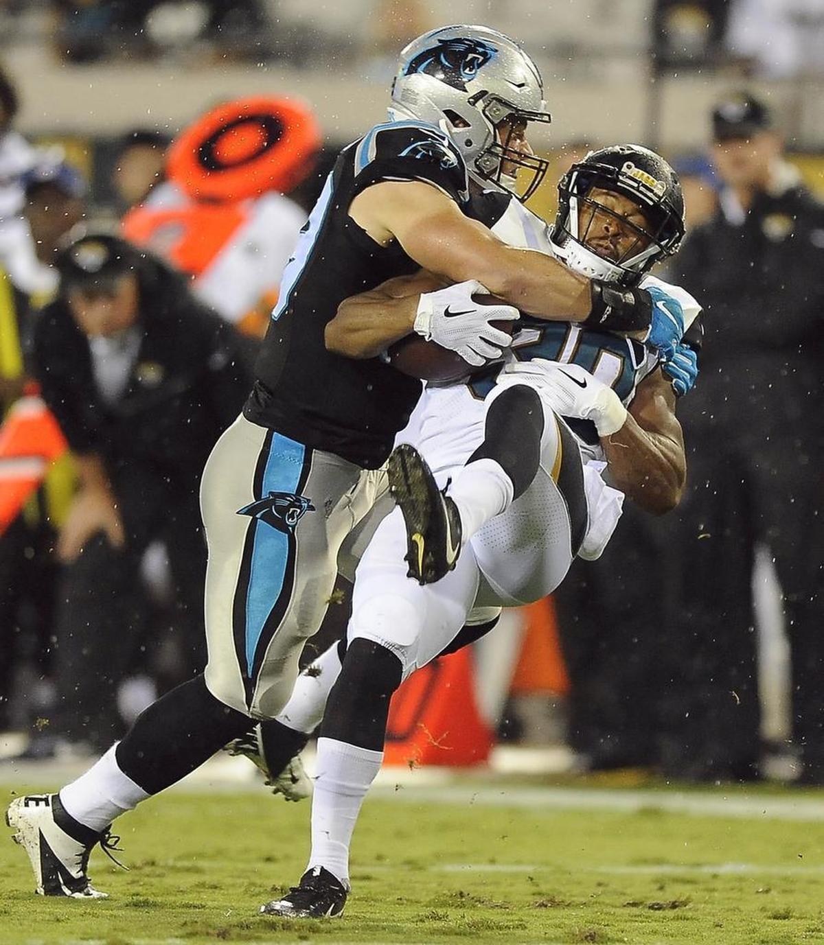 Panthers middle linebacker Luke Kuechly (59) has had a low-profile and effective preseason after missing the final six games of the 2016 regular season due to a concussion.