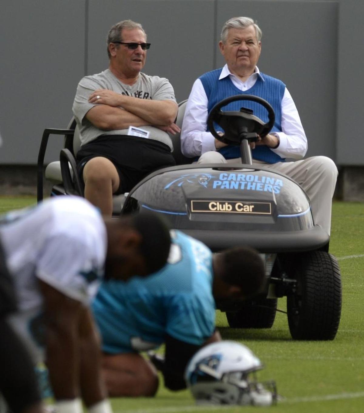 Panthers general manager Dave Gettleman (left) and owner Jerry Richardson in June 2017. Gettleman’s four Panthers teams went 40-23-1 and made it to the playoffs three times and the Super Bowl once before Richardson fired him.