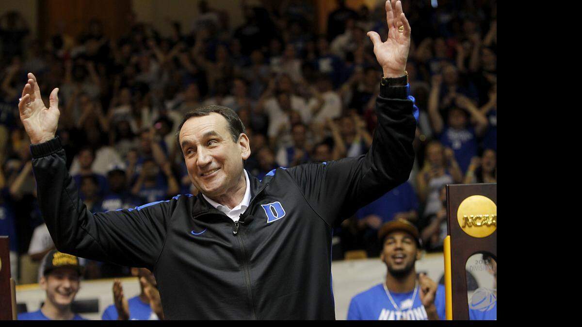 
Duke coach Mike Krzyzewski dances in front of a crowd of thousands as he takes the stage at Cameron Indoor Stadium. The Duke Blue Devils basketball team returned to campus heroes on April 7, 2015 after winning the NCAA National Championship in Indianapolis the night before against the Wisconsin Badgers. Students and fans packed Cameron Indoor Stadium in Durham to celebrate the team's fifth national championship.
