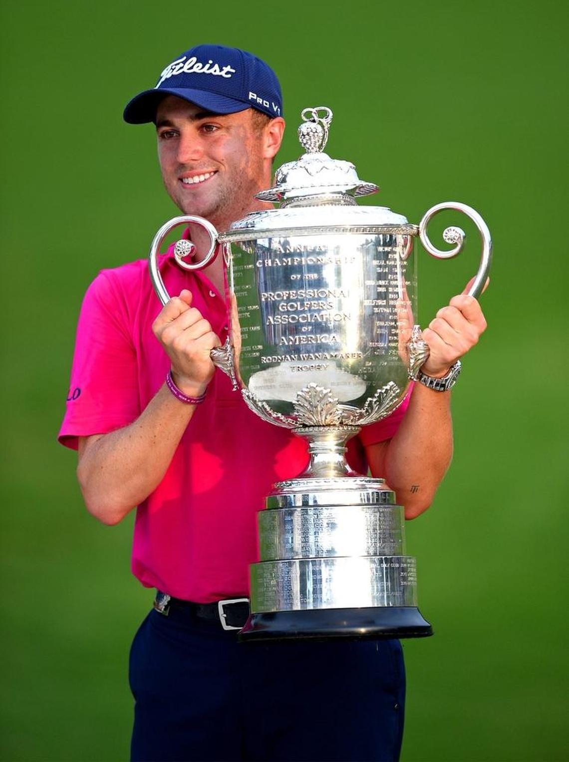 Justin Thomas poses with the Wanamaker Trophy following his victory in the PGA Championship at Quail Hollow Club in 2017. The tournament will return to Quail Hollow in 2025.