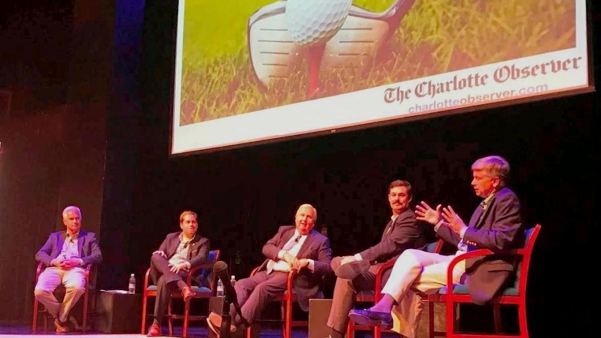 Ron Green Jr. (far right) makes a point during “The Making of a Major” event Tuesday night in Charlotte. Also on the panel to discuss August’s PGA Championship (left to right): moderator Scott Fowler of the Charlotte Observer; tournament director Jason Mengel; businessman Johnny Harris; and PGA Tour golfer Johnson Wagner, who lives in Charlotte.