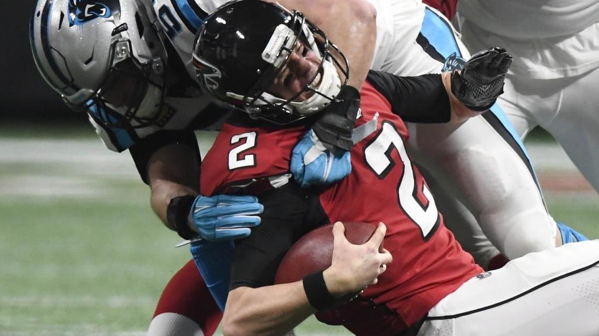 Carolina Panthers middle linebacker Luke Kuechly (59) sacked Atlanta Falcons quarterback Matt Ryan in December -- one of the 50 sacks the team recorded for the season.