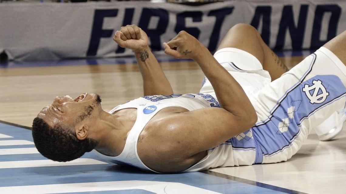 North Carolina's Kennedy Meeks celebrates during the second half of Sunday’s second-round NCAA tournament game against Arkansas.