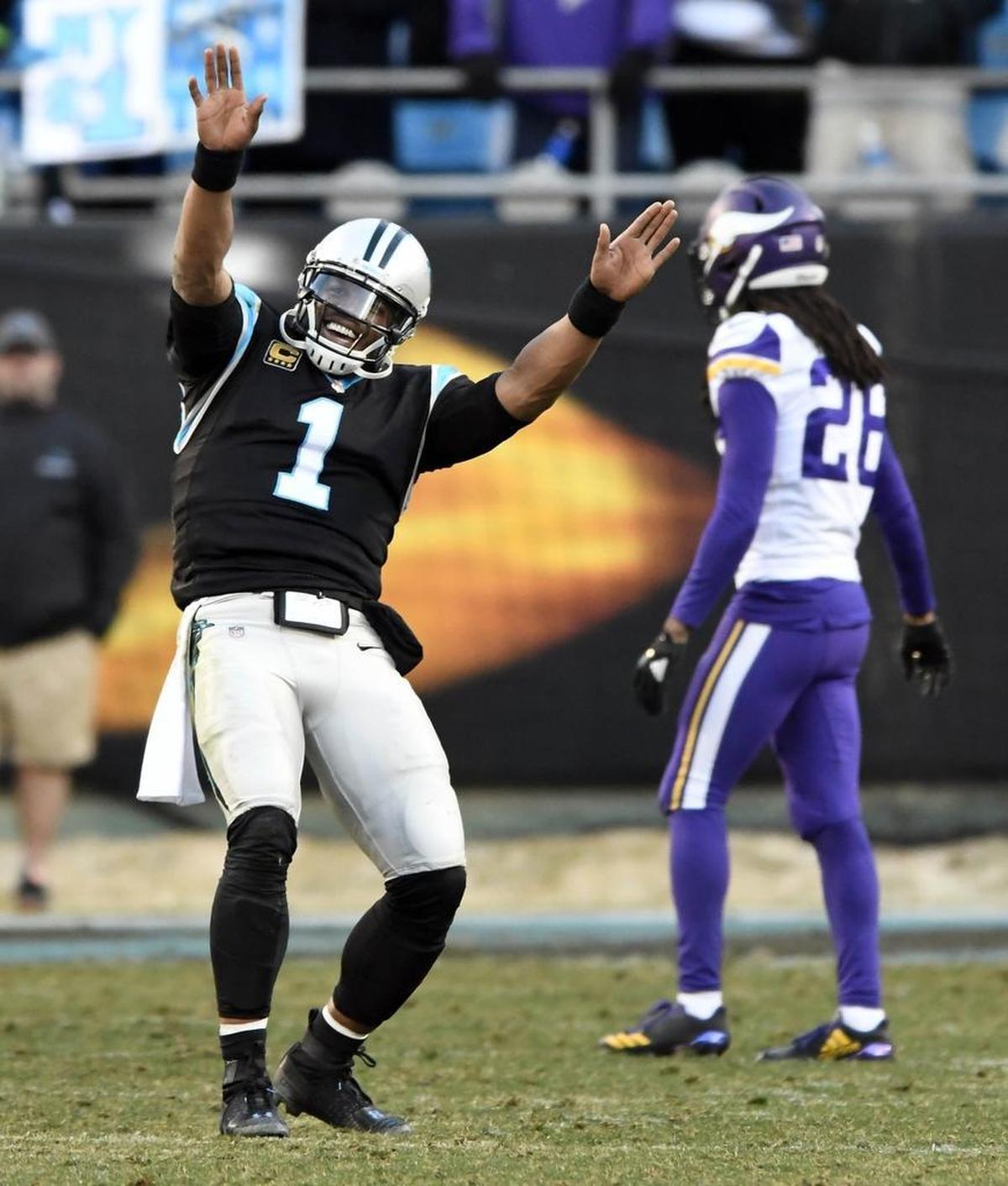 Carolina Panthers quarterback Cam Newton (1) dances at the 2-minute warning against Minnesota Sunday. The Panthers won 31-24, keyed by Newton’s 62-yard run with 2:33 to go.