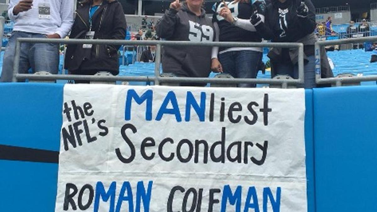 Anna Hunter (59) has been making Panther-related banners for 20 years at Bank of America Stadium, including this one a few weeks ago that celebrated Carolina’s secondary. The new Panthers’ banner policy means this sort of banner is no longer allowed.