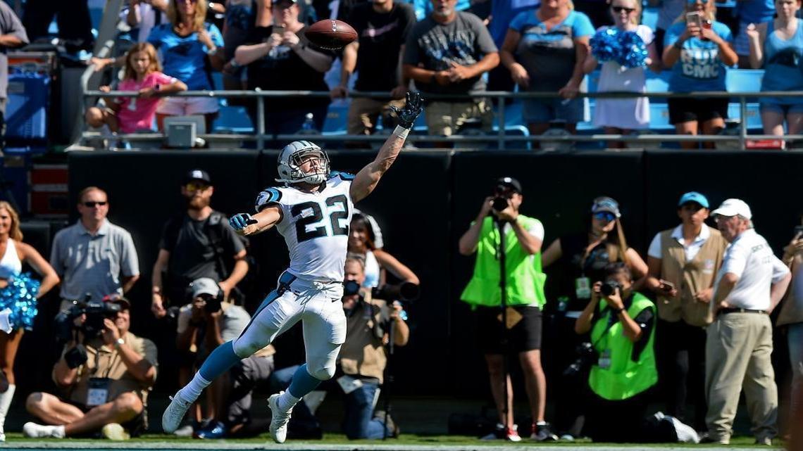 Carolina Panthers running back Christian McCaffrey leaps for a throw that came in too high from Cam Newton during the fourth quarter Sunday. McCaffrey would have easily scored on the play, but Carolina instead settled for a field goal. Newton later bemoaned his “missed layup.”