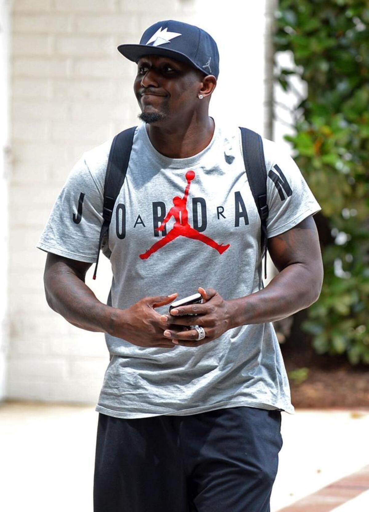 Carolina Panthers linebacker Thomas Davis shortly after checking in for his 13th training camp at Wofford College in Spartanburg on Tuesday.